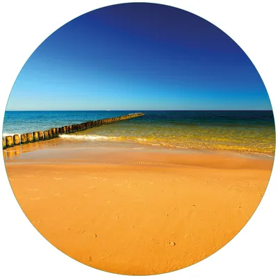 Produktbild von Wallario Premium Glasbild, freischwebende Optik, kräftige Farben, rund 50cm Durchmesser, Motiv Sandstrand in orange - Blaues Meer - Blauer Himmel