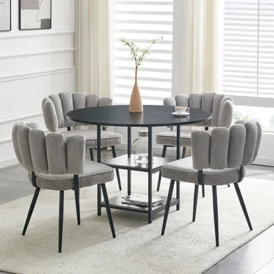 Produktbild von Tisch-Stuhl-Set, 107 cm runder Esstisch mit doppelter Ablage + 4 graue Esszimmerstühle, schwarz