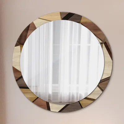 Produktbild von Ø90cm Spiegel - Glasrahmen mit Aufdruck - Wandspiegel Schlafzimmer - Geometrisch Holz 3d