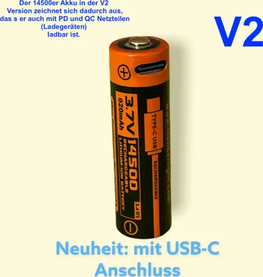 A single Manker 14500 V2 Li-Ion battery is shown against a light yellow background, with text overlays describing its features.
