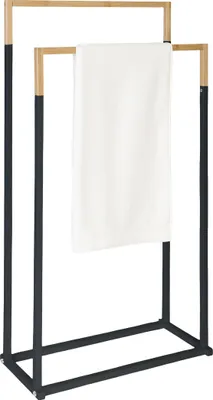 Produktbild von Relaxdays Handtuchständer, HxBxT: 86 x 44 x 21 cm, Metall, Bambus, 2 Stangen, stehender Handtuchhalter, schwarz/natur