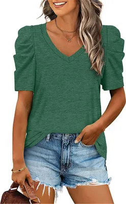 Produktbild von ASKSA Damen T-Shirt Sommer V-Ausschnitt Bluse Lässige Tunika Tops Puffärmel Shirts Einfarbig Oberteil , Grün, XXL