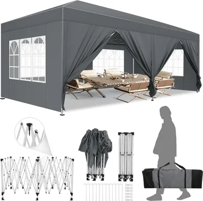 Image de Pavillon pliable 3x6m , imperméable&protection UV 50+, avec sac de transport, 12 piquets, 6 haubans, 4 sacs de sable, barre renforcée au milieu du toit