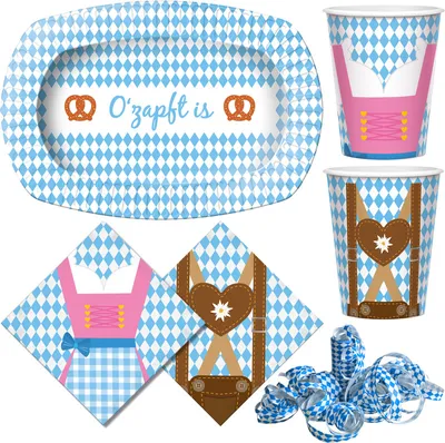 Produktbild von Oktoberfest Partygeschirr Partyset 37 tlg. Dekoration Wiesn Party Deko Set Teller Becher Servietten