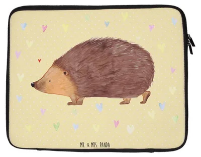 Produktbild von Mr. & Mrs. Panda Laptop Tasche Igel Herzen 33 x 42 cm - Gelb Pastell - Geschenk, Herz, Leben, Hülle, Notebooktasche, Liebe, Lustige Sprüche, Kuss, Laptophülle