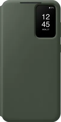 A dark green phone case with a small window showing the time and date.