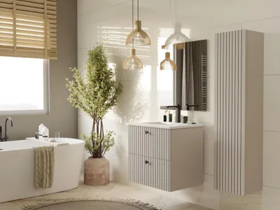 Produktbild von TIGO 60 2S Waschtischunterschrank, Kaschmir, gerillte Front + Waschbecken