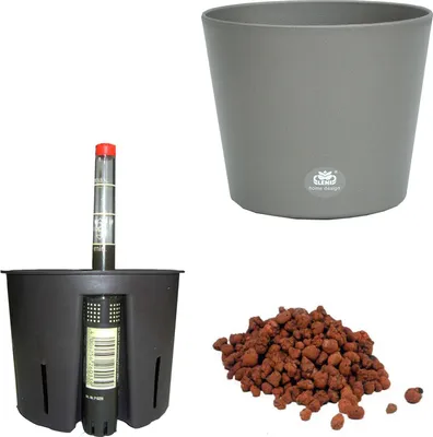 Produktbild von Set 4 teilig Hydro Set Blumentopf Flori Ø 16 dunkelsilber Kulturtopf Wasserstandsanzeiger Blähton
