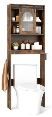 Productafbeelding van COSTWAY Toiletkast, badkameropslag in landelijke stijl met schuifdeur in schuurdeurdesign, toiletpapierhouder en open planken