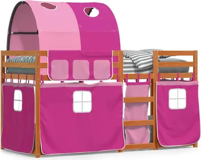 Produktbild von vidaXL Etagenbett mit Vorhängen Rosa 90x190 cm Massivholz Kiefer