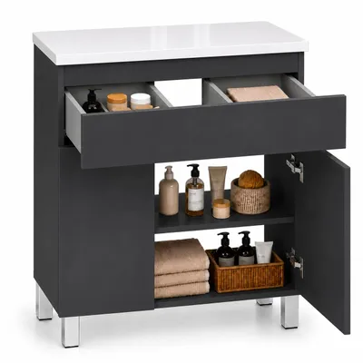 Produktbild von Aufsatzwaschbecken Kommode Badmöbelset Gästebad Türen Schublade Toilette 60 Ariza Graphit Soft-Close Hochglanz Glänzed Beine WC Arbeitsplatte, KI-generiertes Bild