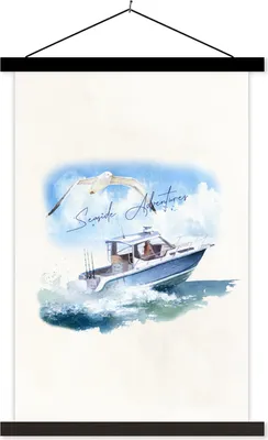 Produktbild von MuchoWow® Textilposter Boot - Vogel - Meer - Aquarell 40x60 cm mit schwarzem Rahmen - Wanddekorationen