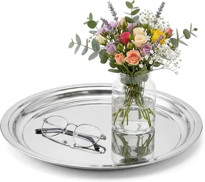 Produktbild von Rundes Metall-Kerzentablett aus Zink, 38 cm, glänzend silberfarben