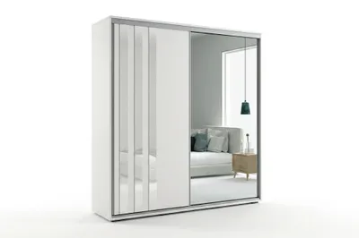 Produktbild von Mia8 Schwebetürenschrank mit Spiegel und 3 dekorativen Lacobel - Weiß - 230 x 62 x 245 cm