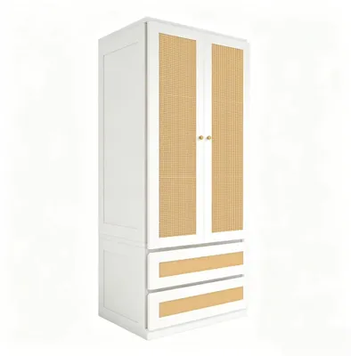 Productafbeelding van Kledingkast - Vrijstaande waskast - 70 x 55 x 170 cm - Dubbele deuren - Kunststof met rattanlook - Lades en opbergvakken - Wit en houtlook