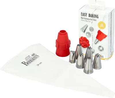 A set of baking tools including a piping bag, adapter, and various piping tips, laid out on a white background with a product box in the background.
