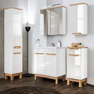 Produktbild von Komplett Badmöbel Set mit 60cm Keramikwaschtisch & LED-Spiegelschrank SOLNA-56 in Hochglanz weiß, B/H/T ca.: 160/200/46 cm