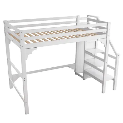 Produktbild von Hochbett mit Lattenrost, Kleiderschrank und Treppe, (140x200 cm), Kinderbett mit Rausfallschutz, Jugendbett
