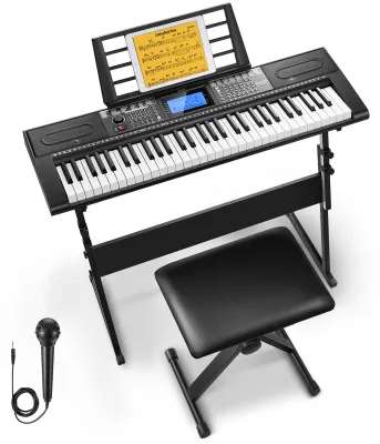 Obrázek produktu pro Klávesy Donner Piano s 61 klávesami, sada elektrických kláves s 249 zvuky a 249 rytmy – včetně stojanu na klavír, stoličky, mikrofonu a dárku