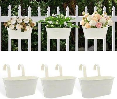 Image de Porte-fleurs en fer et en métal, 28 cm, blancs, lot de 3 avec crochets amovibles et trous de fixation
