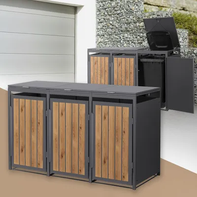 Produktbild von ML-Design Mülltonnenbox 3er, Mülltonnenverkleidung für 3 Tonne, 240L 196x80x120 cm, Anthrazit-Holzoptik aus Stahl, Müllbox mit Klappdeckel und Tür