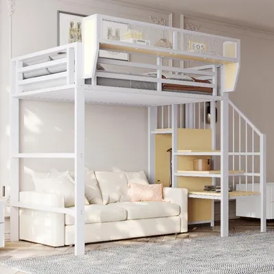 Produktbild von Hochbett 90x200 aus Metall und MDF mit Sicherheitsleiter und flexiblem Staufach, 255x95x191cm in Weiß für kleine Räume