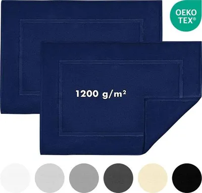 Immagine prodotto di Set di 2 tappetini da bagno Unyqoos® Jacobson, dimensioni 50x80 cm, 100% cotone, antiscivolo, colore blu scuro, 1200 g/m², Oeko-Tex, lavabile a 60°C