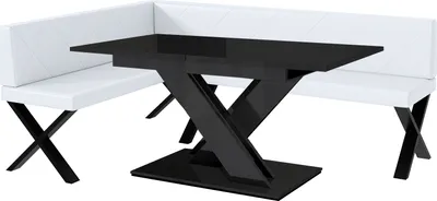 Produktbild von MEBLINI Eckbank für Esszimmer mit ausziehbarem Tisch  - Küchenbank - Essecke - Sitzecke Küche - ERIC - X-Beine 142x196x87cm Links - Weiß Kunstleder/B Schwarz Hochgl.