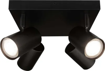 A black ceiling spotlight with four adjustable lamps.