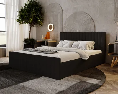 Produktbild von Doppelbett Bouclé 180x200 Billo Slim - Polsterbett mit Lattenrost, Bettkasten - Bouclé Schwarz