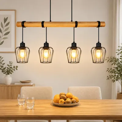 Produktbild von ZMH Pendelleuchte Holz Esstisch Hängelampe 4 Flammig Schwarz Vintage Esstischlampe hängend Esszimmerlampe Pendellampe E27 Hängeleuchte für Wohnzimmer, KI-generiertes Bild