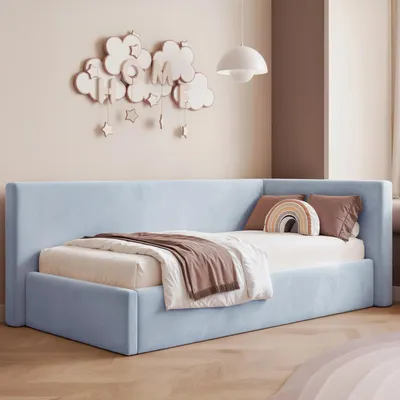 Produktbild von Eckbett Jugendbett Sampre 80x200 cm Hellblau Rechts Velvet – Bettkasten, Metalllattenrost
