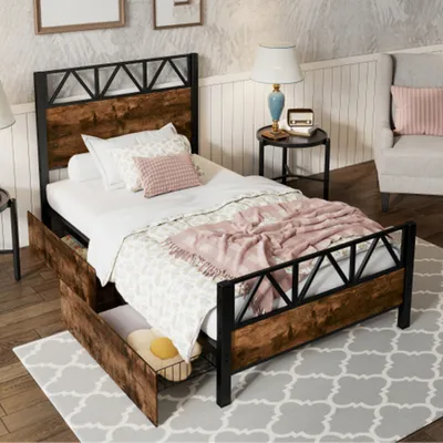 Produktbild von Metallbett, Kinderbett, Vintage-Holzfarben, Zwei Schubladen mit Rollen, Metallrahmen, Flachbetten, 90x200cm