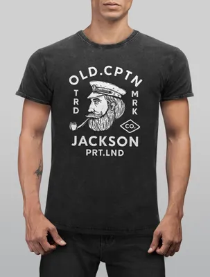 Produktbild von Herren Vintage Shirt Kapitän Motiv Aufdruck Old Cptn Jackson Retro Printshirt Used Look Slim Fit Neverless® schwarz S