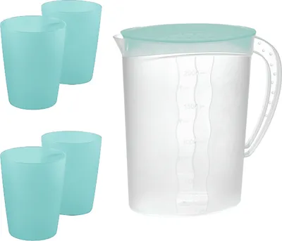 Produktbild von 4 Trinkbecher mit Saftkanne Set, 4 x 250 ml Trinkbecher, 1 x Saftkanne mit 2 Liter Fassungsvermögen
