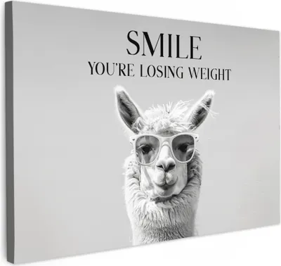 Produktbild von MuchoWow® - Leinwandbilder - Zitate - Lama - Lächeln - Sprichwörter - Grau, Wandbild, Wanddeko Bilder Wohnzimmer, 120x80 cm