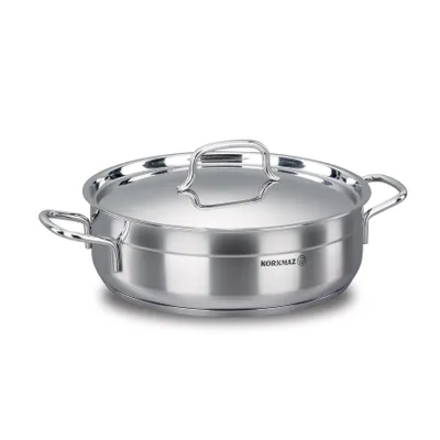 A stainless steel pot with a lid, shown from a slightly elevated side angle.