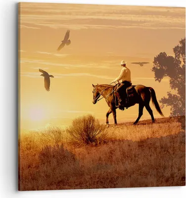 Produktbild von Bild auf Leinwand - Leinwandbild - Pferd Cowboy Bauernhof Reiten - 70x70cm - Wand Bild - Wanddeko - Leinwanddruck - Bilder - Kunstdruck - Wanddekoration - Leinwand bilder - Wandkunst - AC70x70-2955