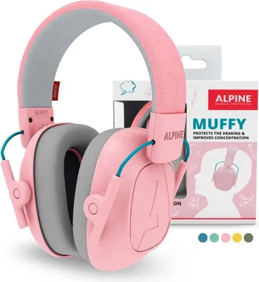 A pair of pink Alpine Muffy children's earmuffs is shown next to its packaging.