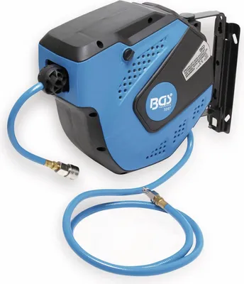 A blue and black air hose reel mounted on a wall bracket.