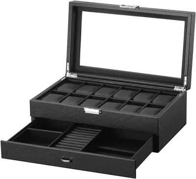 Produktbild von Uhrenkasten 2 Ebenen, 12 Fächer, Schublade, Glasdeckel, für Schmuck