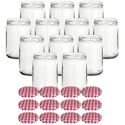 Produktbild von gouveo 12er Set Einmachgläser 580 ml Klassik mit Schraubdeckel karo-rot BLUESEAL - Vorratsgläser mit Drehverschluss TO82 - Leere Einkochgläser