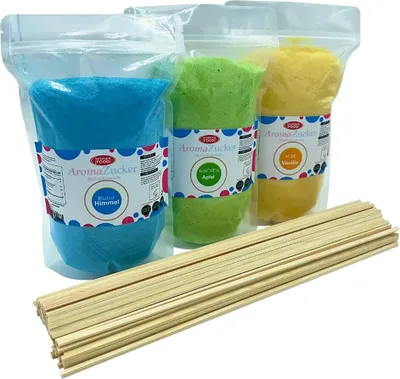 Produktbild von Eventset XL 3 Kg Zuckerwattezucker inklusive 200 Zuckerwattestäbe 40 cm Aromazucker Farbzucker Zucker für Zuckerwatte Zuckerwattemaschine (Set 1 Kaugummi, Vanille, Apfel + 200 Stäbe)