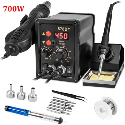 Immagine prodotto di 878D - Stazione di saldatura 2-in-1 - 700 W - Pistola termica - Ferro da saldatura - Doppio display LCD - Spina di tipo EU