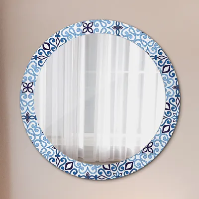 Produktbild von Wohnzimmer Spiegel - Badezimmerspiegel Wandspiegel zum Schlafzimmer – Schminkspiegel - Blau Arabisch Muster - Rund: Ø80cm