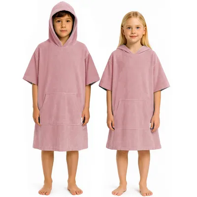 Produktbild von CalmyBEACH Leicht Frottee Badeponcho Kinder - Mädchen Jungen Baumwolle Poncho Handtuch Bademantel Badetuch Surf Strandponcho Kapuzenhandtuch Altrose 10-13 Jahre