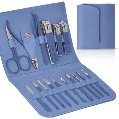 Produktbild von Maniküre Set 16-teilig Nagelknipser Pediküre Set mit Ledertasche Blau