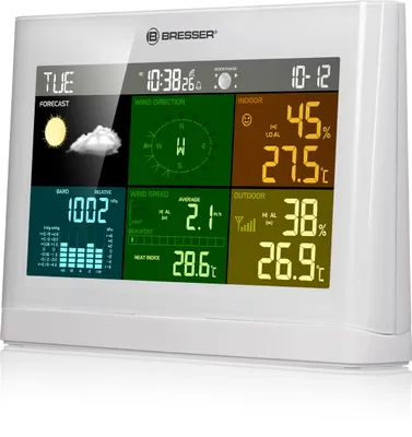A digital weather station displaying various weather metrics on a white background.