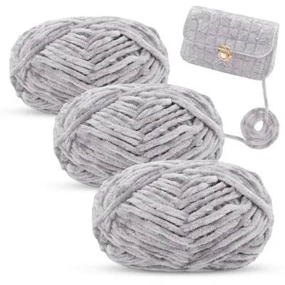 Produktbild von Chenille Wolle zum Häkeln und Stricken, Samtgarn, Hellgrau, 3x100g, 6mm Dicke