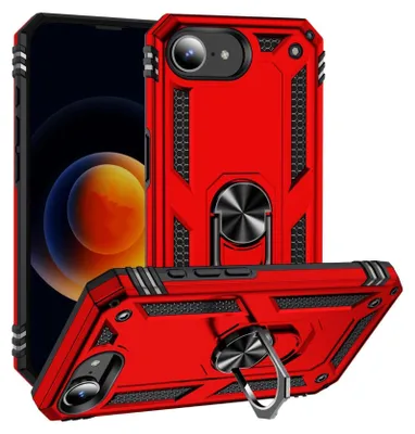 A red phone case with a ring holder is displayed from multiple angles, with a phone partially visible behind it.